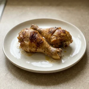 Top-down look at chicken legs seasoned with salt, black pepper, garlic powder, paprika, and onion powder.