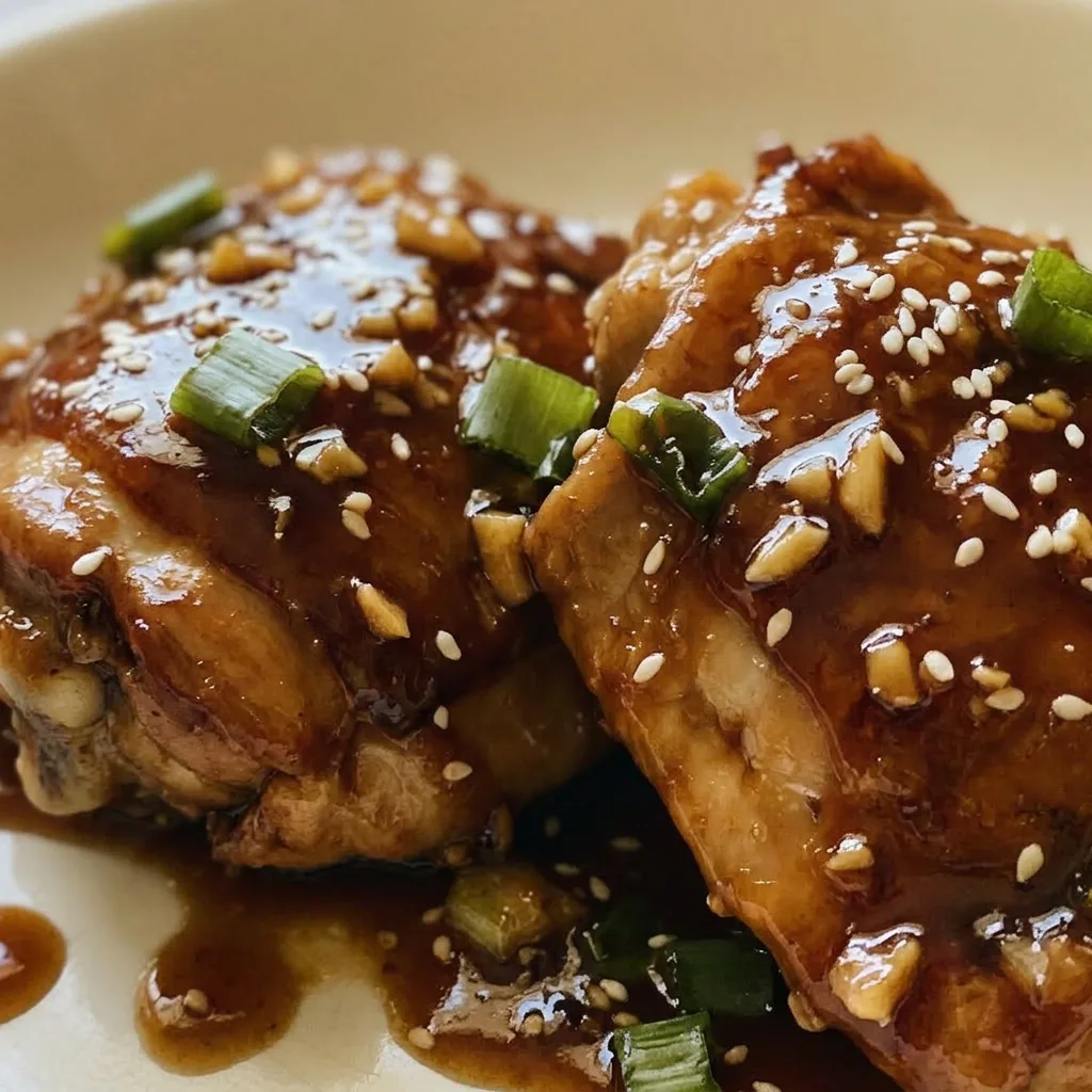 Macro detail of a chicken thigh coated in glossy ketchup-honey sauce, with visible garlic bits and soy sauce sheen.