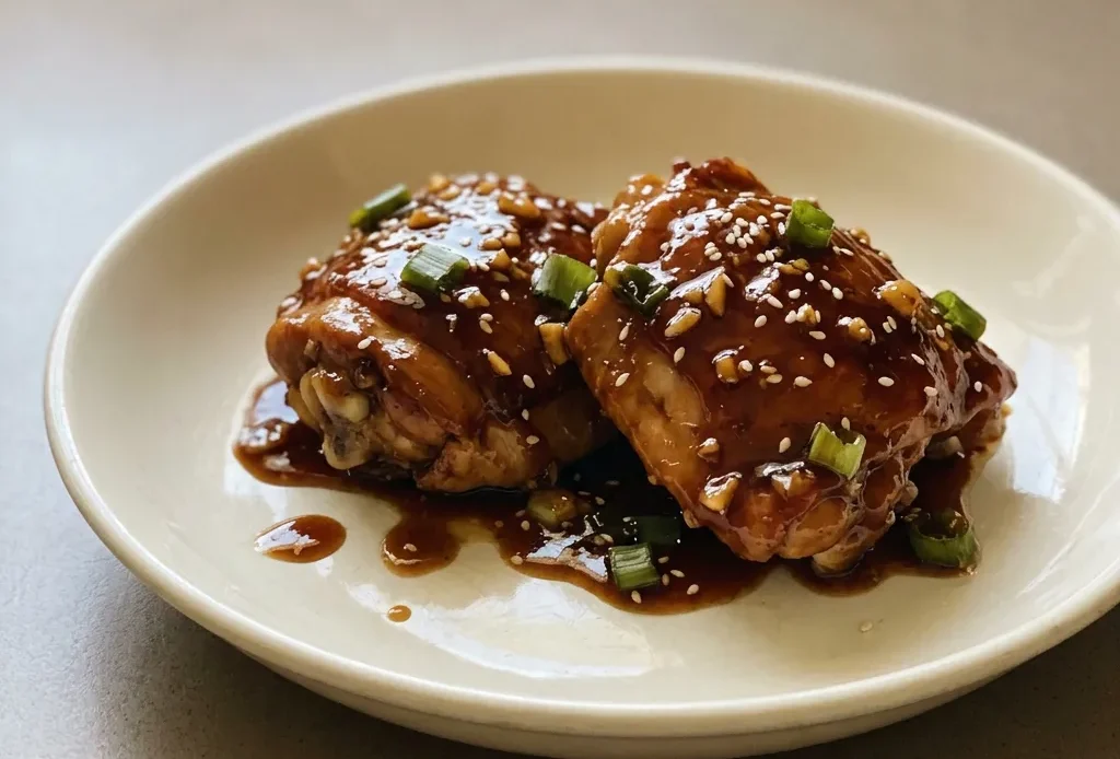 Top-down look at glazed chicken pieces with garlic cloves, drizzled with honey and soy sauce, garnished with sesame seeds.