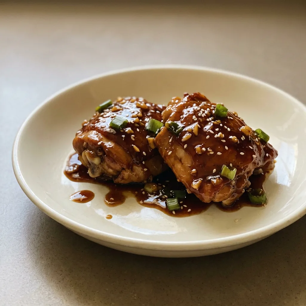 Top-down look at glazed chicken pieces with garlic cloves, drizzled with honey and soy sauce, garnished with sesame seeds.