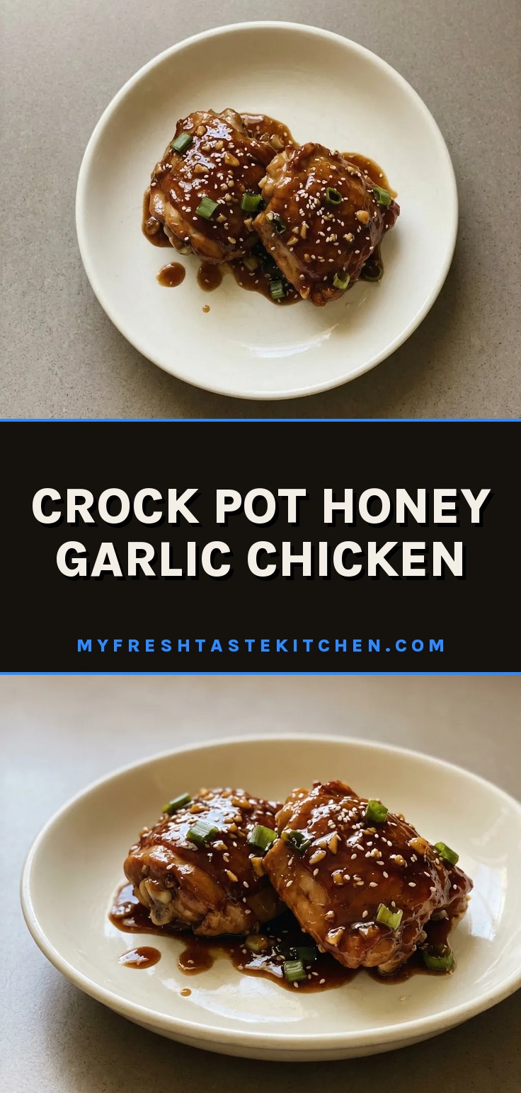 Top-down look at glazed chicken pieces with garlic cloves, drizzled with honey and soy sauce, garnished with sesame seeds.