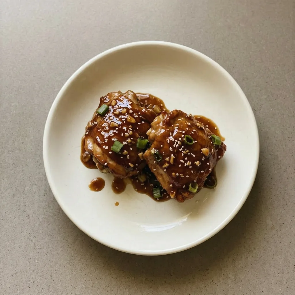 A serving of honey garlic chicken with thick sauce clinging to the meat, topped with sesame seeds and chopped scallions.