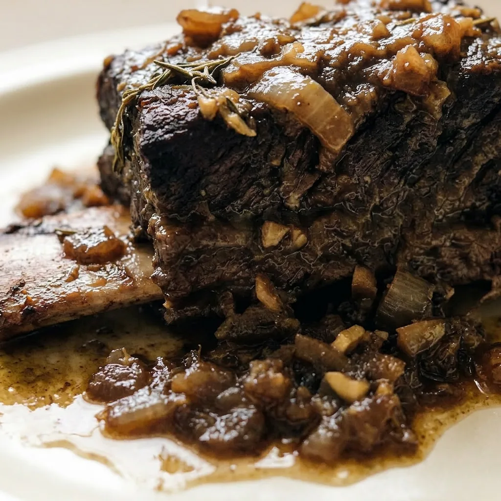 Close view of a beef short rib glazed in a dark, glossy sauce, with caramelized onions and garlic cloves.