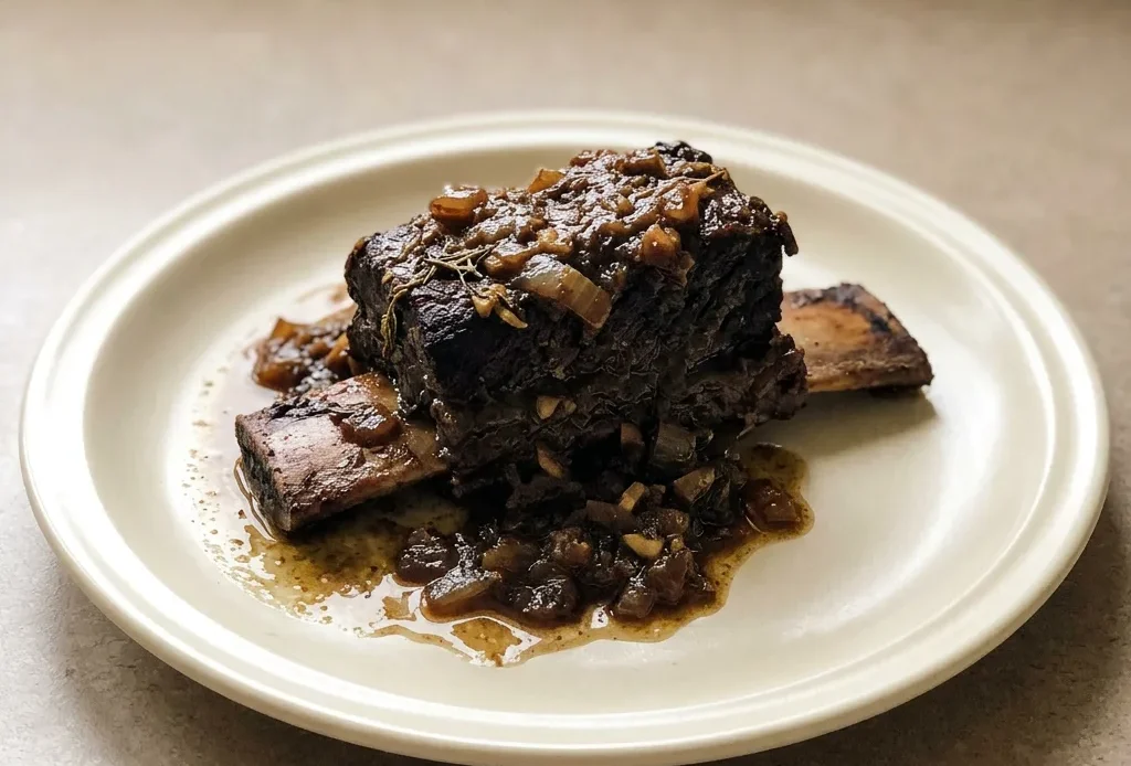 Overhead shot of a single beef short rib on a bed of reduced braising liquid, topped with fresh thyme.