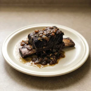 Overhead shot of a single beef short rib on a bed of reduced braising liquid, topped with fresh thyme.