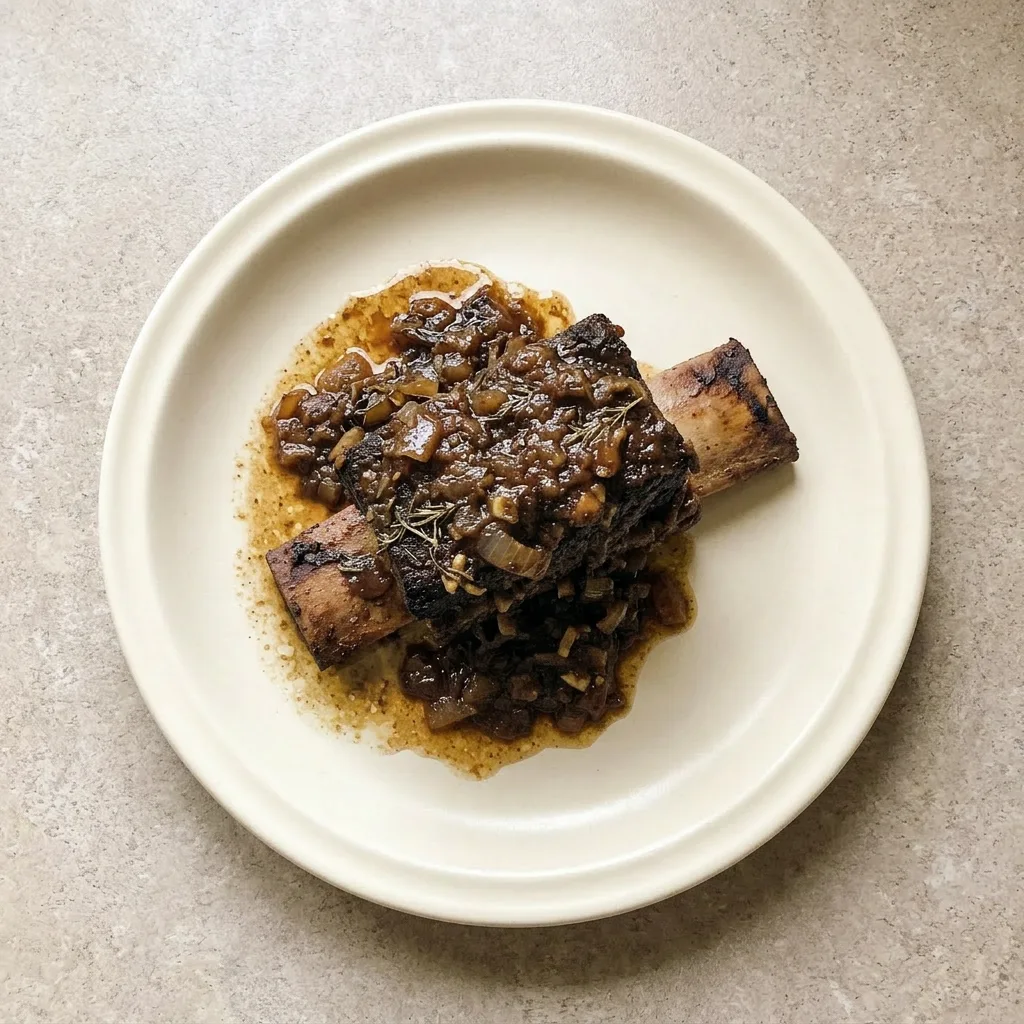 Plated beef short rib with a drizzle of red wine sauce, garnished with a bay leaf and thyme sprig.