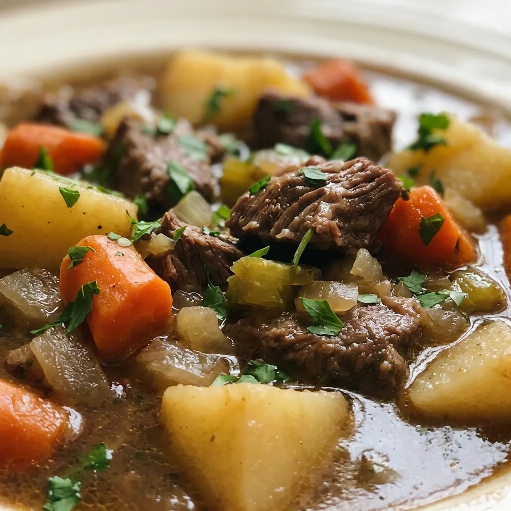 Up close, a spoonful of stew showing tender beef, a potato wedge, and a slice of carrot in savory gravy.