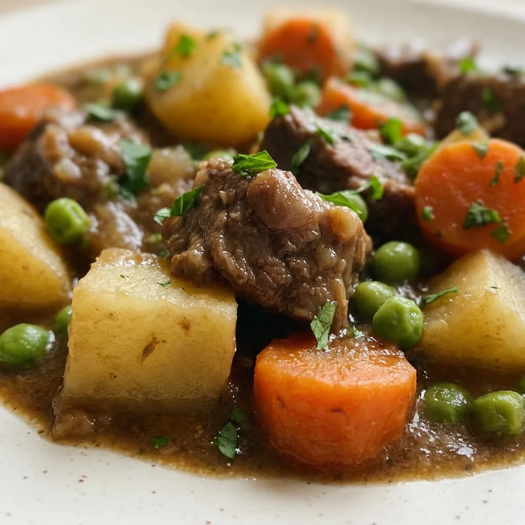 Zoomed in on a spoonful of beef stew showing a tender piece of beef chuck, a carrot slice, and a pea in rich broth.