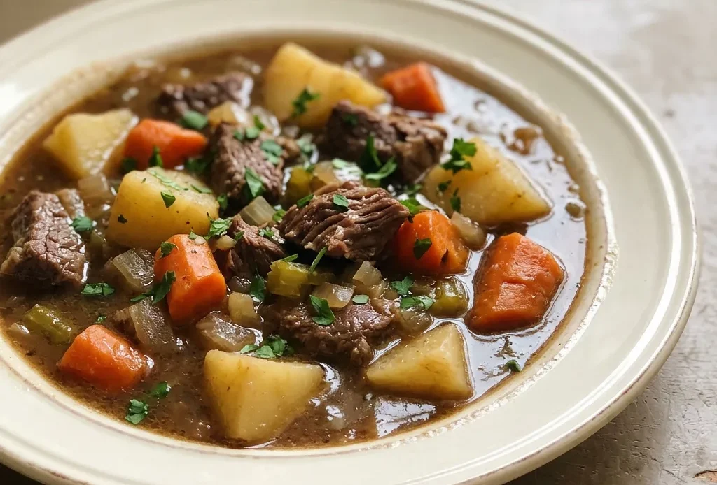Looking down at a bowl of beef stew with chunks of meat, potatoes, and carrots in thick brown broth.
