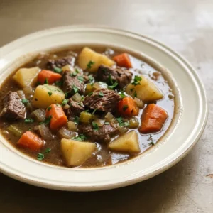 Looking down at a bowl of beef stew with chunks of meat, potatoes, and carrots in thick brown broth.
