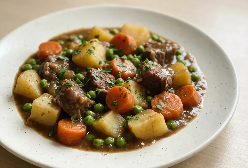 Bird's-eye view of a bowl of beef stew with chunks of beef, potatoes, carrots, and peas in a thick brown broth.
