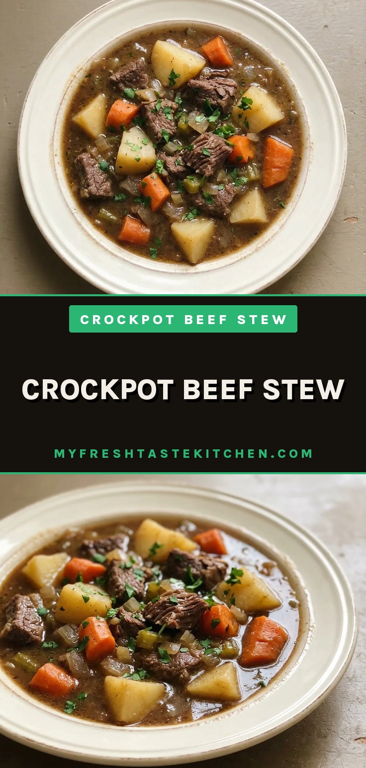 Crockpot beef stew with beef stew meat, potatoes, and carrots in a rich brown gravy.