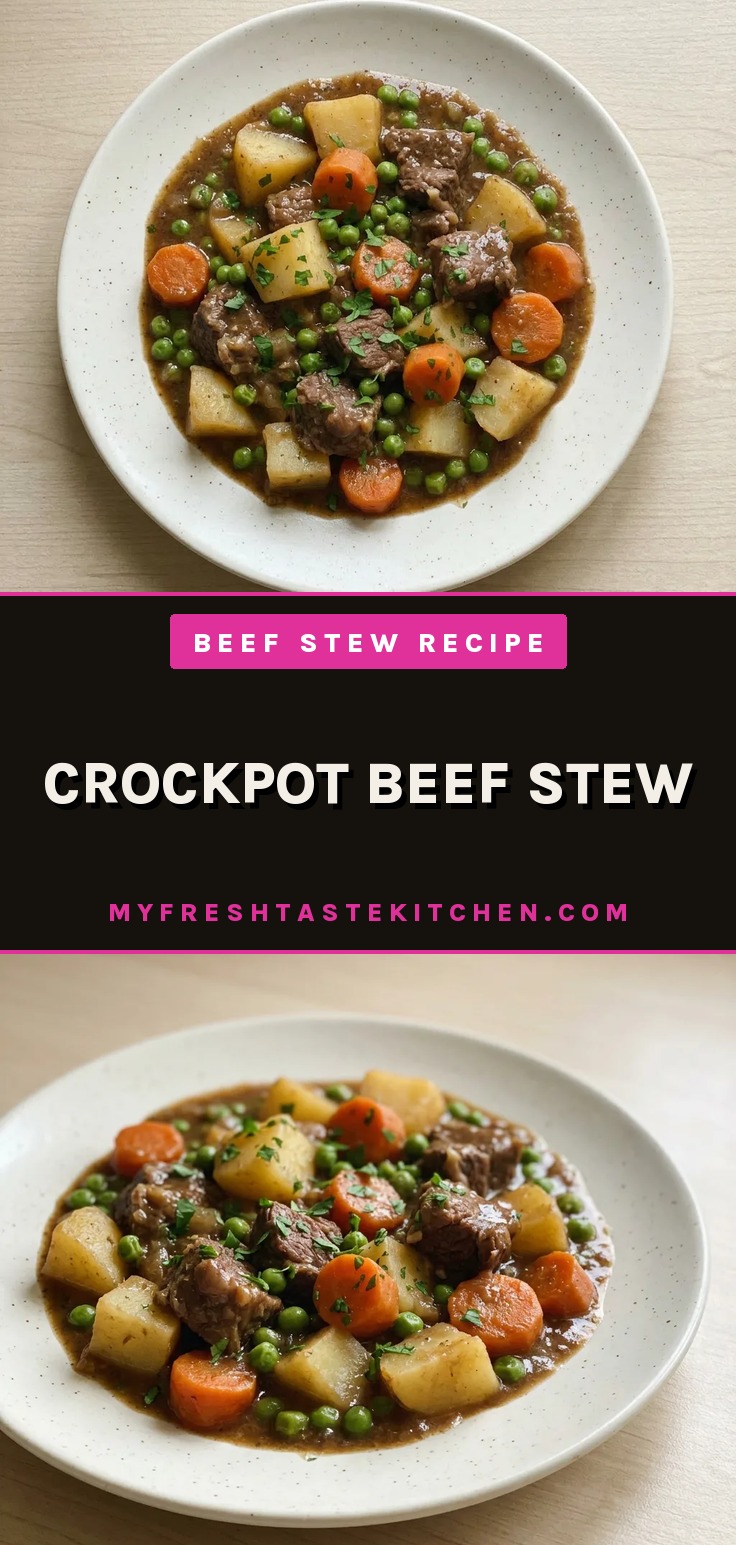 Crockpot beef stew with beef chuck, potatoes, carrots, and peas in a thick brown gravy.