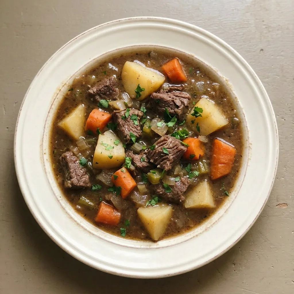 A plate of beef stew with beef, potatoes, carrots, and celery in rich broth, garnished with a bay leaf.