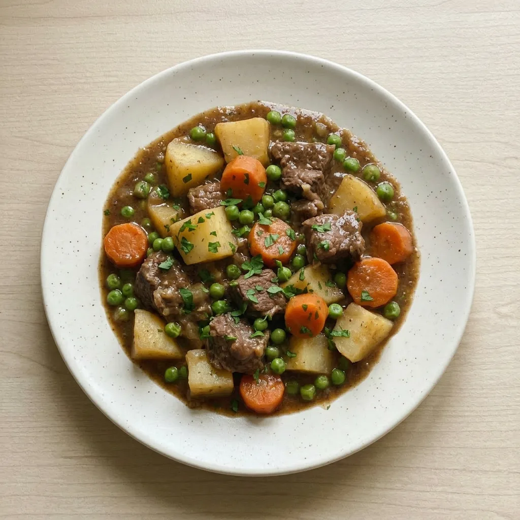 Ready to serve: a ladle of beef stew with beef, potatoes, carrots, and peas in a deep brown gravy.
