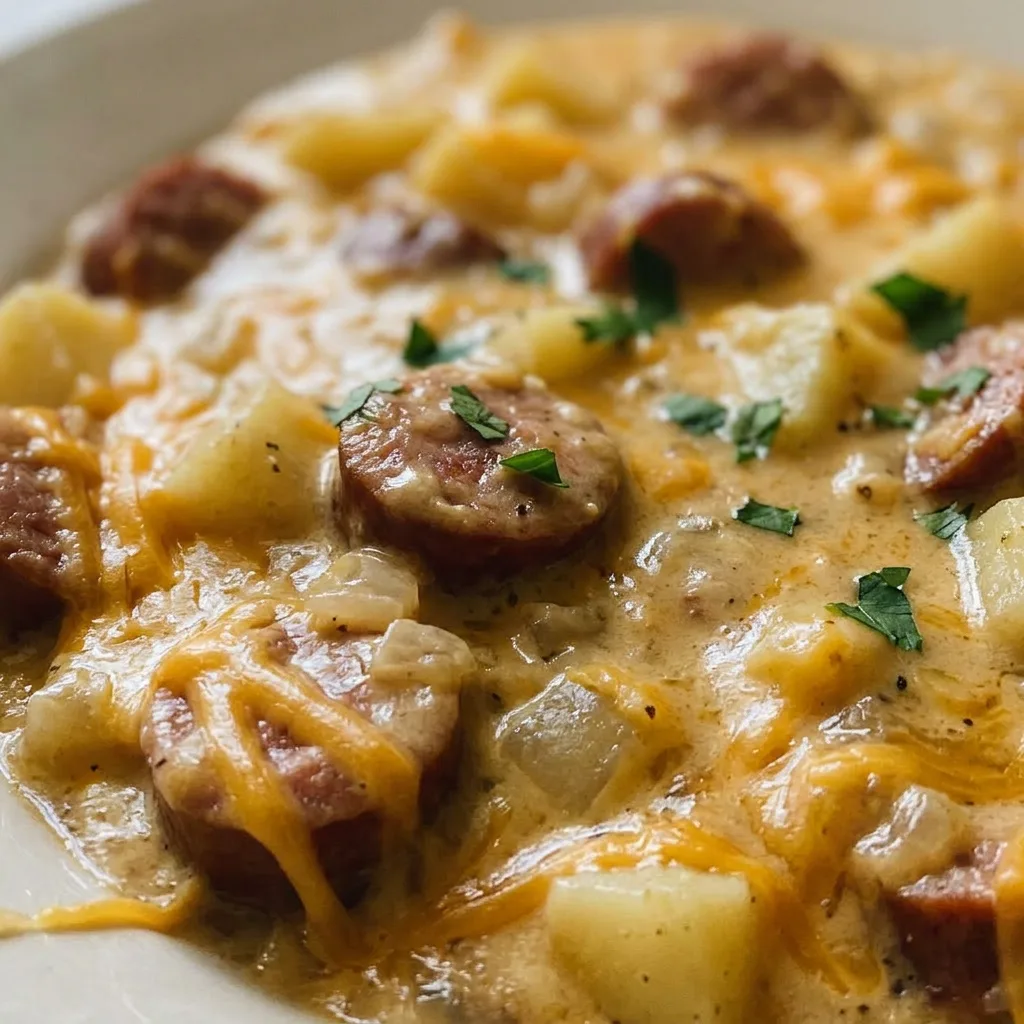 Macro detail of a forkful of tender potato and kielbasa, coated in thick cheese sauce with visible shreds of cheddar.
