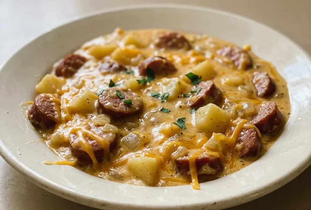 Top-down look at a casserole dish filled with browned kielbasa slices and cubed potatoes in a creamy cheese sauce, topped with melted cheddar.