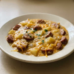 Top-down look at a casserole dish filled with browned kielbasa slices and cubed potatoes in a creamy cheese sauce, topped with melted cheddar.