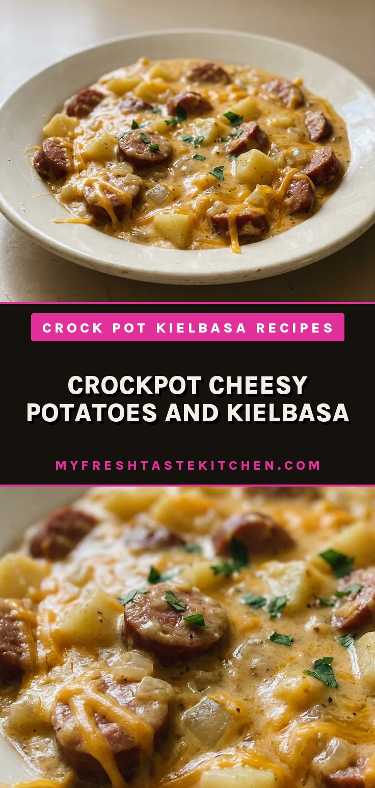 Top-down look at a casserole dish filled with browned kielbasa slices and cubed potatoes in a creamy cheese sauce, topped with melted cheddar.