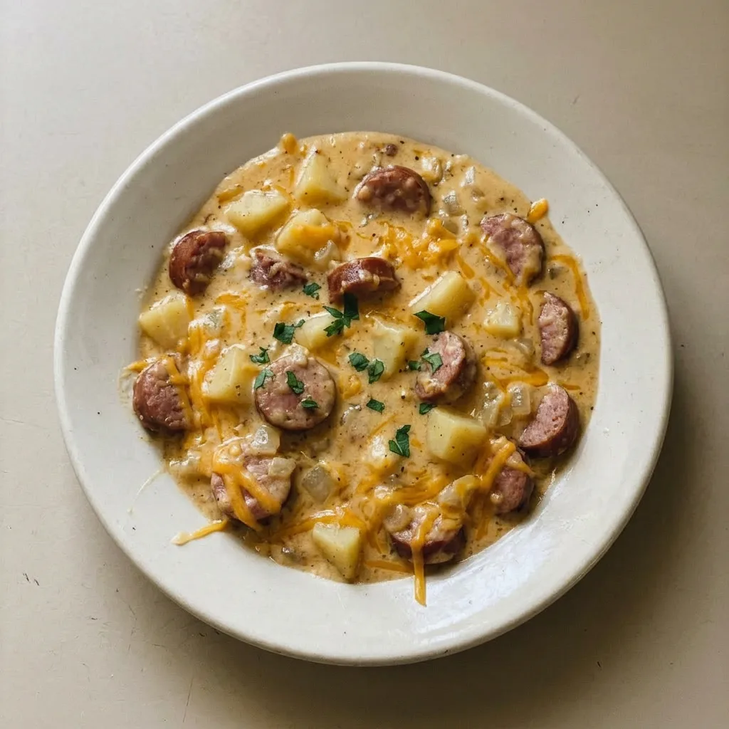 A serving of cheesy potatoes and kielbasa, with golden potato cubes, dark sausage rings, and melted cheddar cheese.