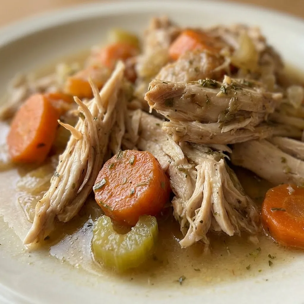 Zoomed in on a chicken thigh topped with tender carrots and celery, coated in gravy.