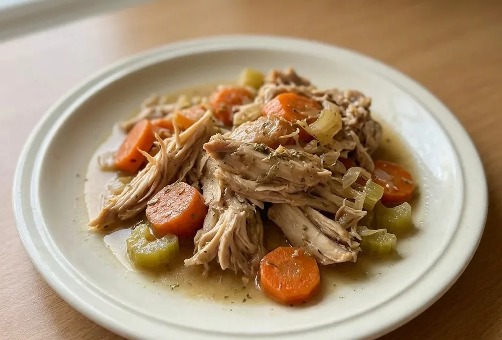 Bird's-eye view of chicken thighs with carrots, celery, and onion in a rich brown gravy.