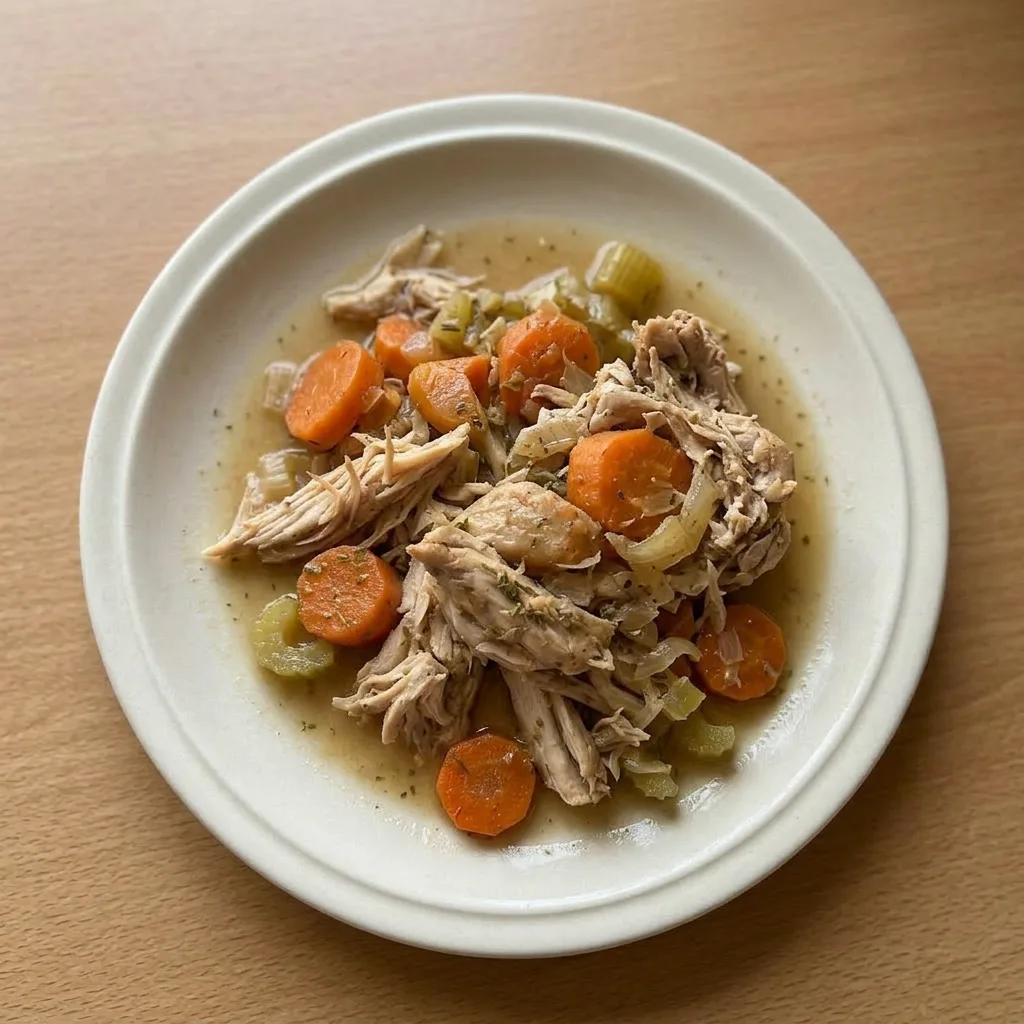 Ready to serve: chicken thighs surrounded by carrots, celery, and onion in gravy.
