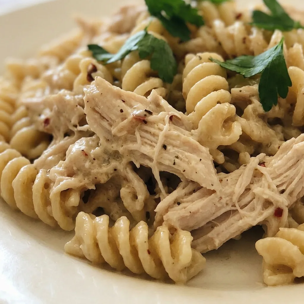Macro detail of pasta strands coated in white sauce with visible cream cheese chunks and parmesan shreds.