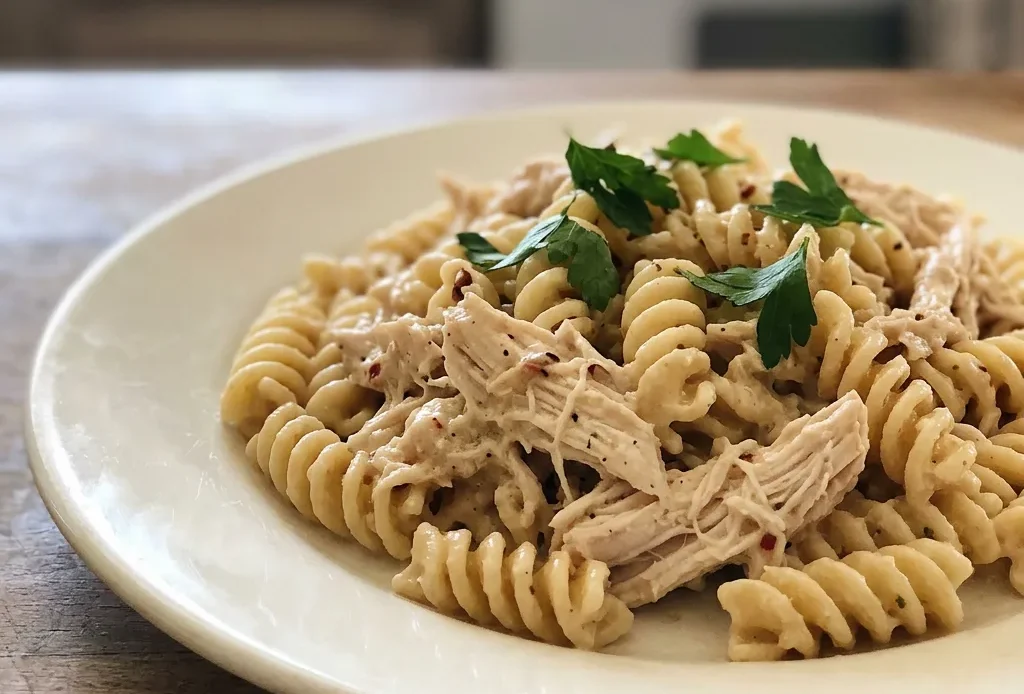 Top-down look at rotini pasta in creamy garlic parmesan sauce with shredded chicken and melted cheese.