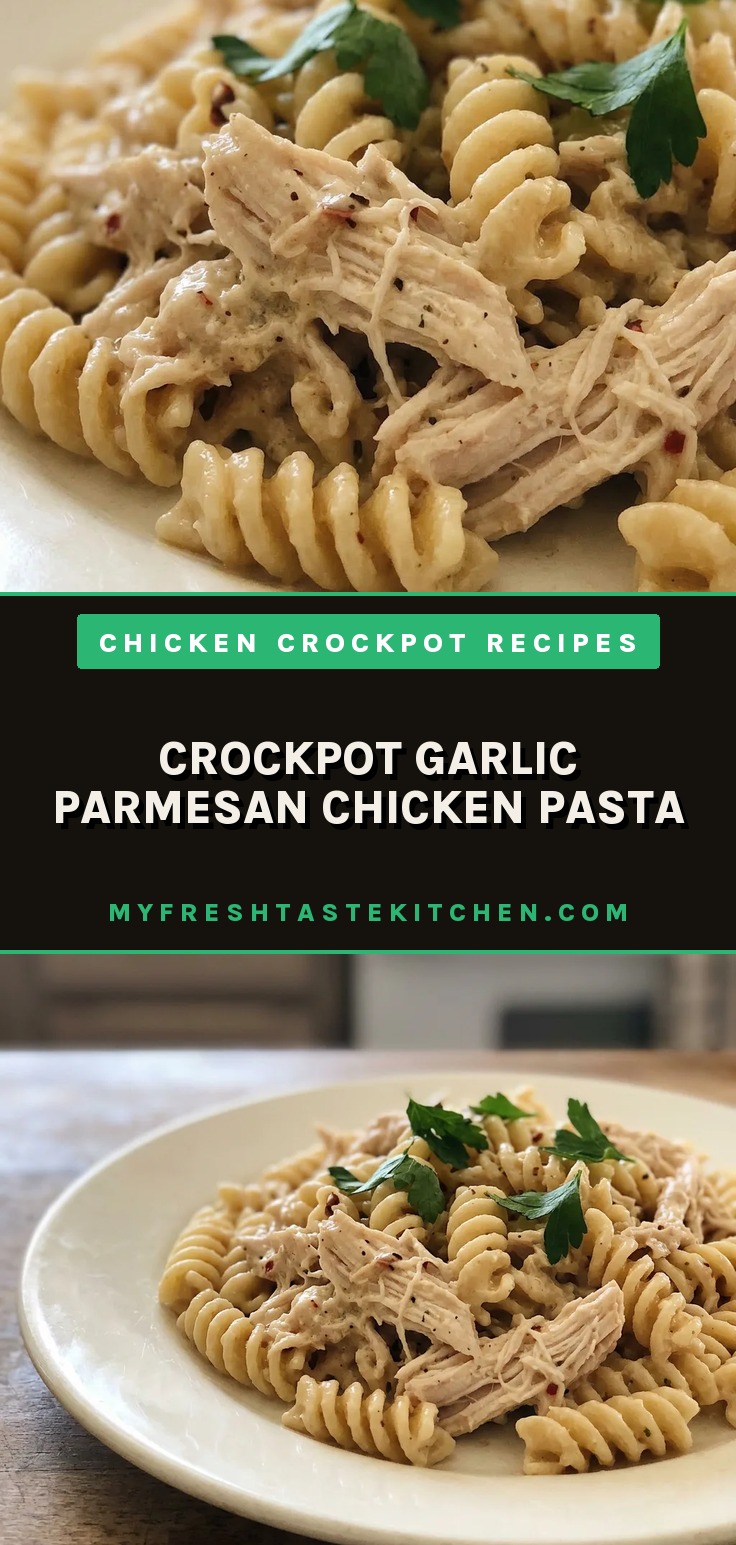 Top-down look at rotini pasta in creamy garlic parmesan sauce with shredded chicken and melted cheese.