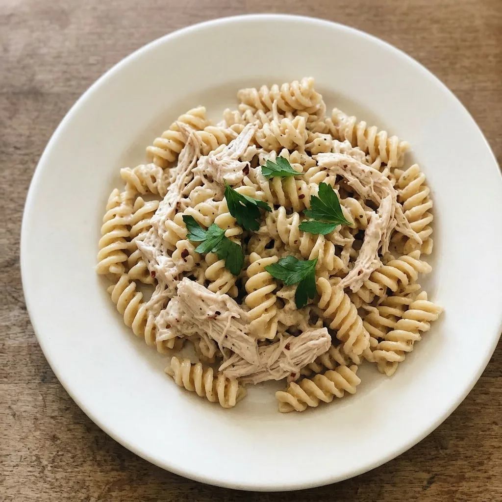 A serving of pasta topped with parmesan garlic sauce, chicken pieces, and a sprinkle of parmesan.