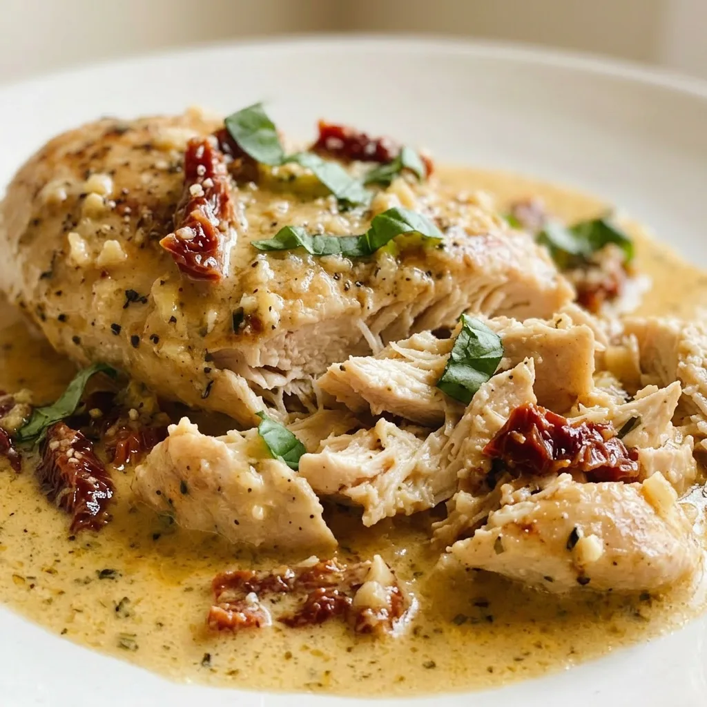 Macro detail of chicken breast in a creamy sauce with visible sun-dried tomatoes, Parmesan, garlic, and red pepper flakes.