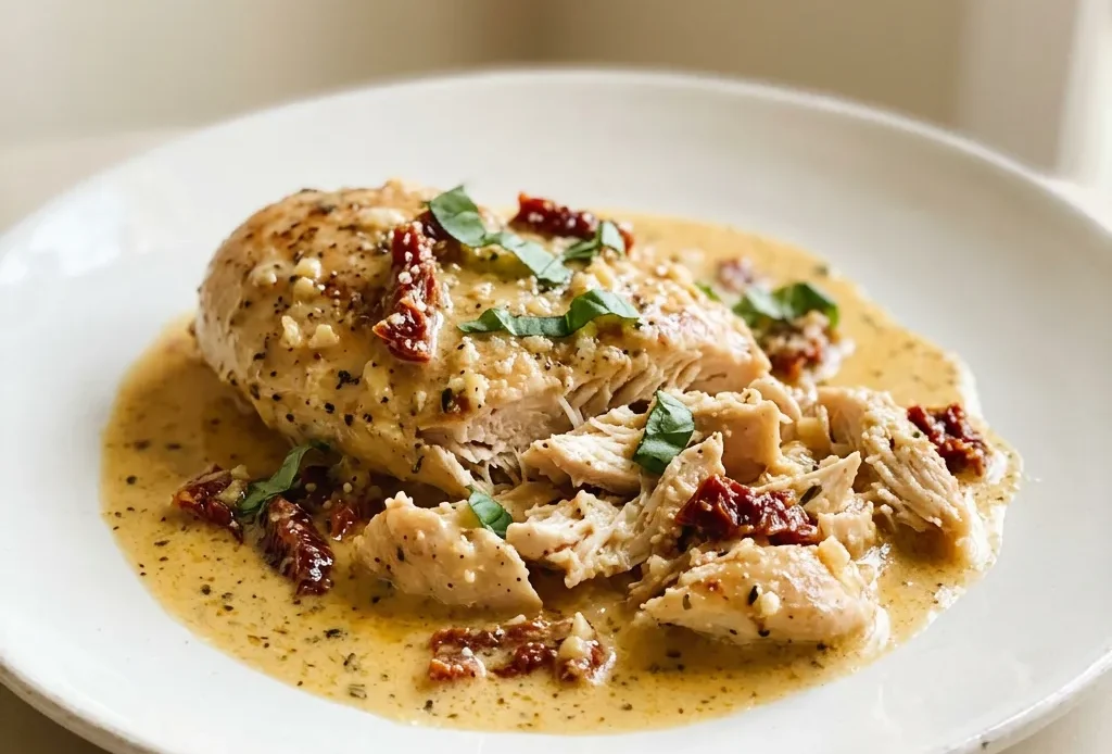 Top-down look at a creamy sauce with chicken breast, sun-dried tomatoes, and Parmesan cheese, garnished with oregano and thyme.