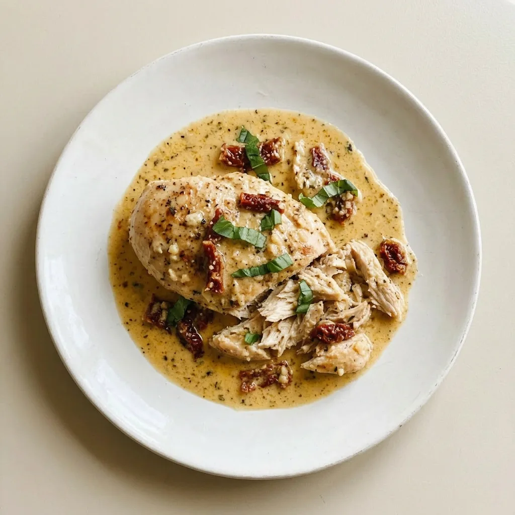A serving of chicken breast in a rich sauce with sun-dried tomatoes, Parmesan, and herbs, topped with butter and red pepper flakes.