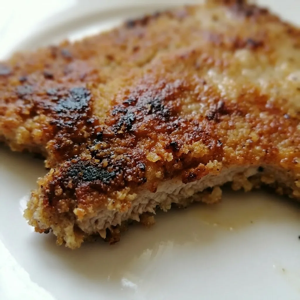 Close view of a single pork chop showing crispy breading and mixed herb specks.