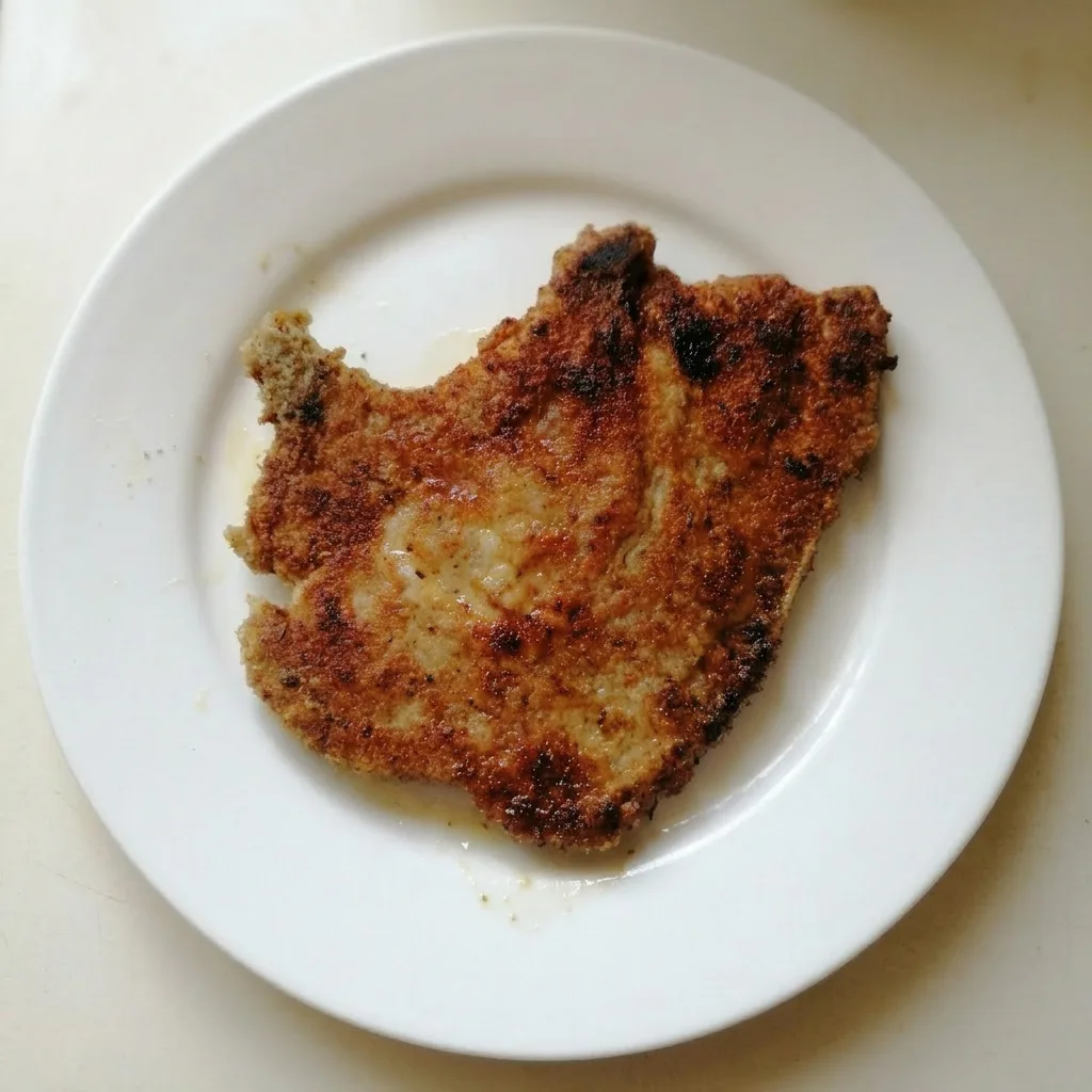 Plated pork chops with breadcrumb coating and visible herb seasoning.