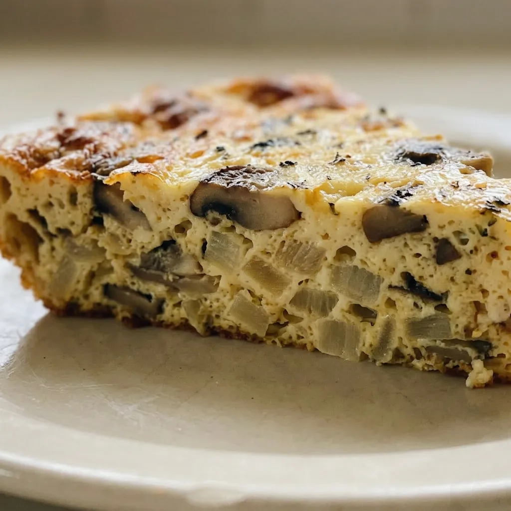 Macro detail of a slice of crustless quiche showing layers of egg, milk, half-and-half, mushrooms, onions, and cheese.