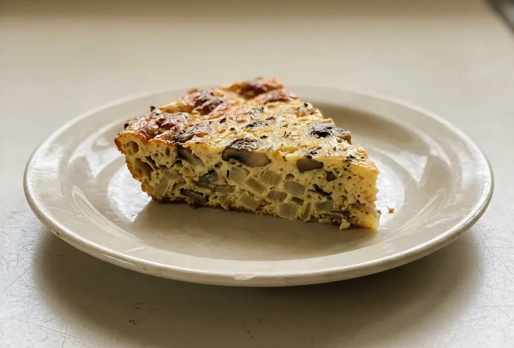 Top-down look at a round crustless quiche with mushrooms and onions visible, topped with melted cheese.