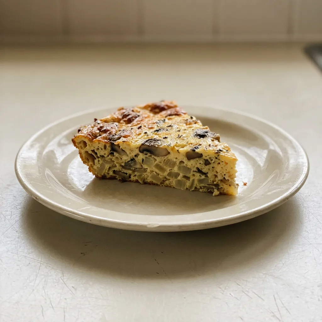 Top-down look at a round crustless quiche with mushrooms and onions visible, topped with melted cheese.