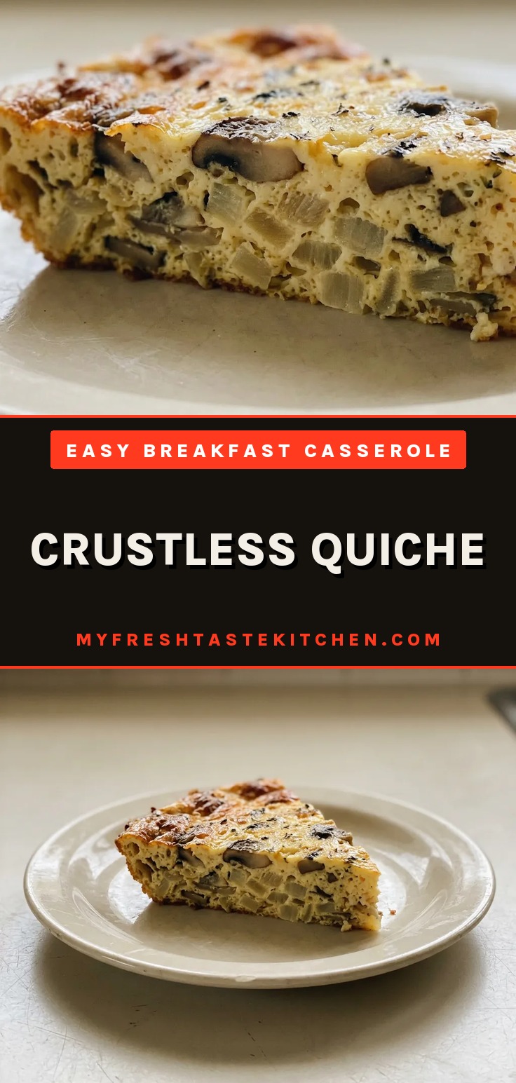Crustless quiche slice showing eggs, mushrooms, and cheese with a golden brown surface.