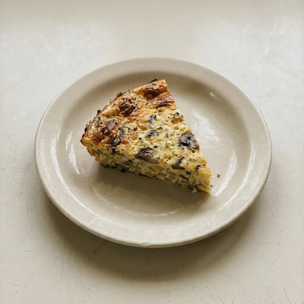 A serving of crustless quiche with a golden-brown top, mushrooms and onions peeking through, and a cheesy crust.