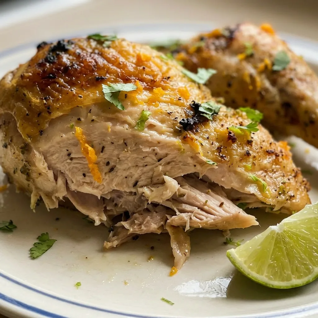 Macro detail of chicken with glistening citrus-herb sauce, garlic slivers, and fresh cilantro leaves.