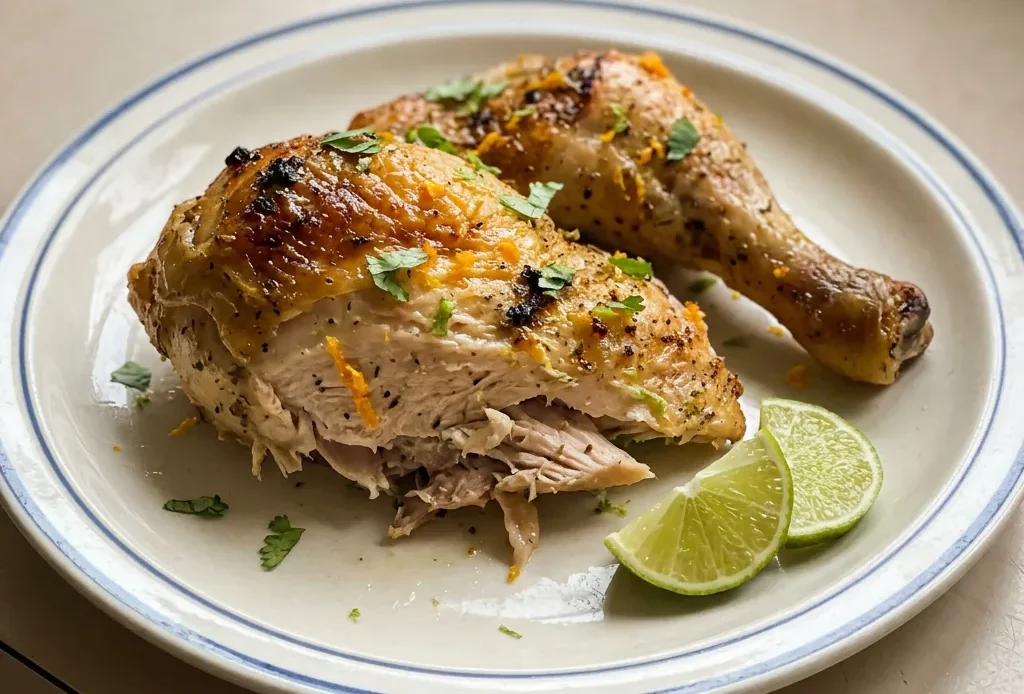 Top-down look at chicken pieces drizzled with orange-lime sauce, scattered garlic cloves, oregano, and cumin specks.