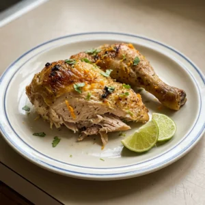 Top-down look at chicken pieces drizzled with orange-lime sauce, scattered garlic cloves, oregano, and cumin specks.