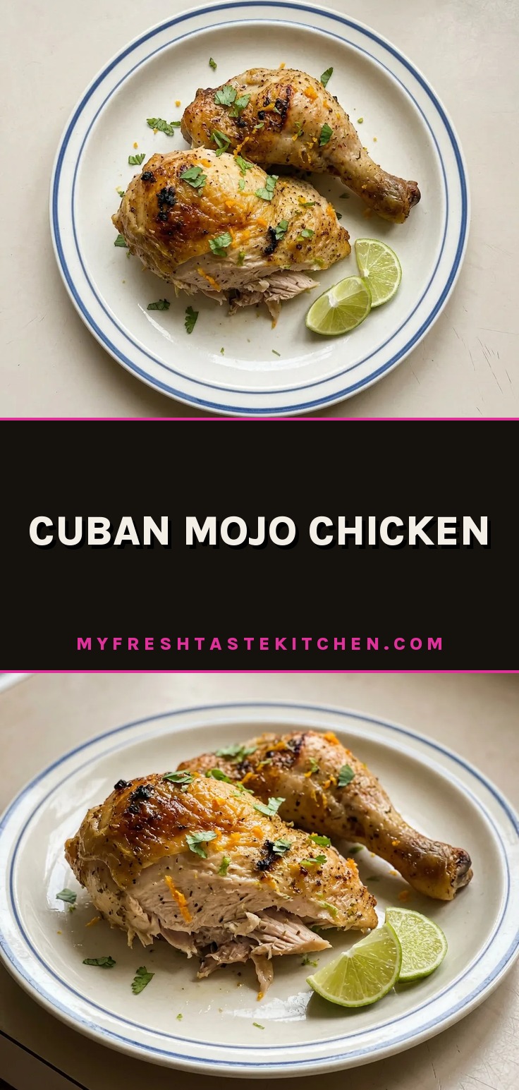 Top-down look at chicken pieces drizzled with orange-lime sauce, scattered garlic cloves, oregano, and cumin specks.