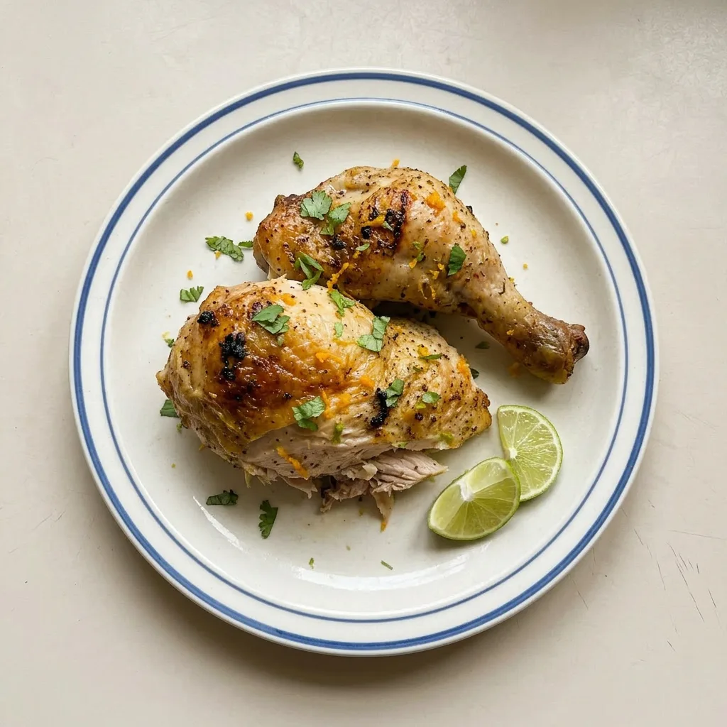 A serving of chicken pieces coated in mojo sauce, garnished with cilantro and visible garlic.
