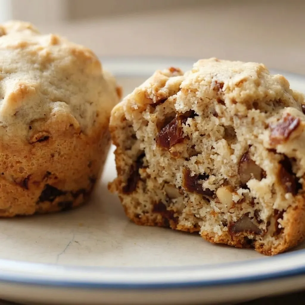 Close view of a date muffin with visible date pieces and walnuts, drizzled with a thin milk glaze.
