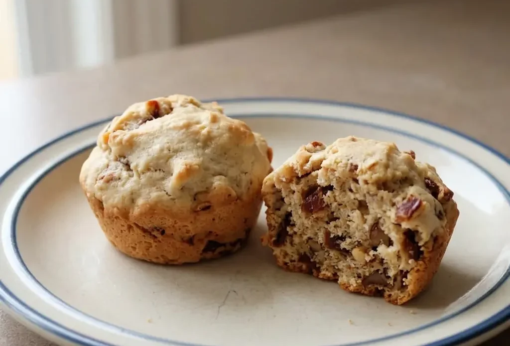 Overhead shot of a round date muffin topped with a walnut half and chopped walnuts on a white plate.