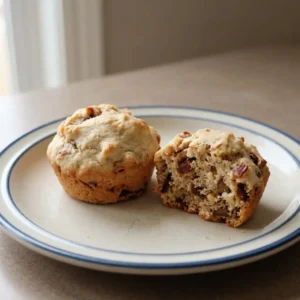 Overhead shot of a round date muffin topped with a walnut half and chopped walnuts on a white plate.