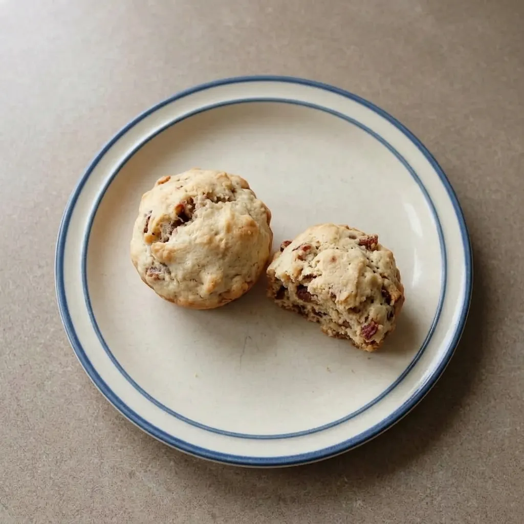 Plated date muffin with a pat of butter melting on top and a whole walnut pressed into the center.